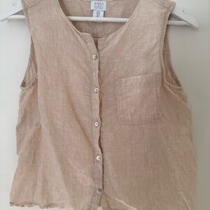 Vintage Sleeveless Beige Linen Button-Up Top